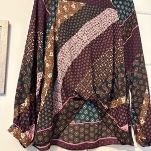 Karen Kane Patchwork Print Long-Sleeve Blouse - Brown, Burgundy, Pink